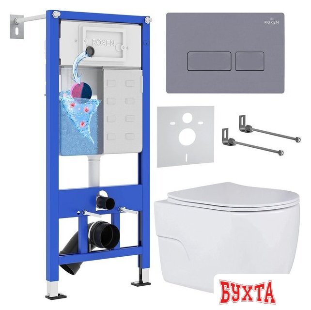 Унитаз подвесной Roxen Porto в комплекте с инсталляцией StounFix Dual Fresh 6 в 1 966779 (кнопка: серый гранит) 1