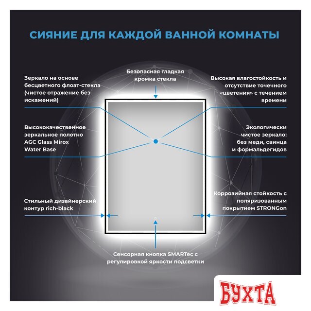 Мебель для ванных комнат Wellsee Зеркало с фронтальной LED-подсветкой 7 Rays' Spectrum 172201260, 60 х 75 см (с сенсором и регулировкой яркости освещения) 3