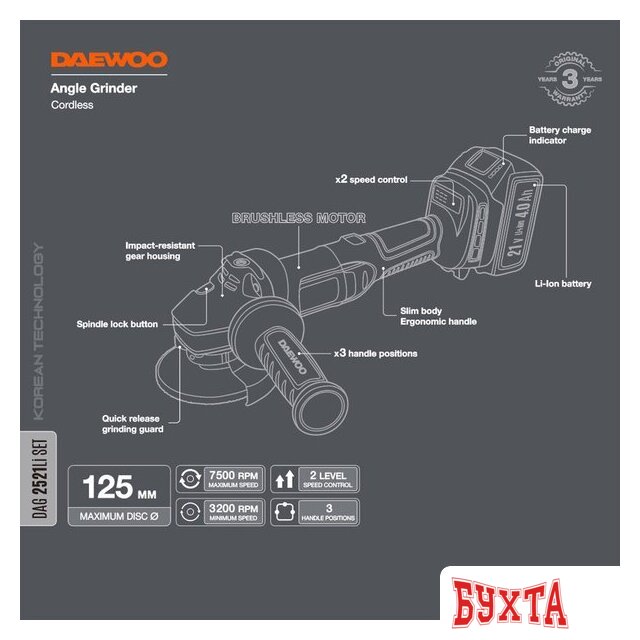 Угловая шлифмашина Daewoo Power DAG 2521Li Set (с 1-им АКБ) 3