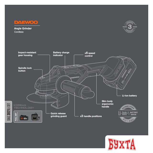 Угловая шлифмашина Daewoo Power DAG 3021Li Set (с 1-им АКБ) 3