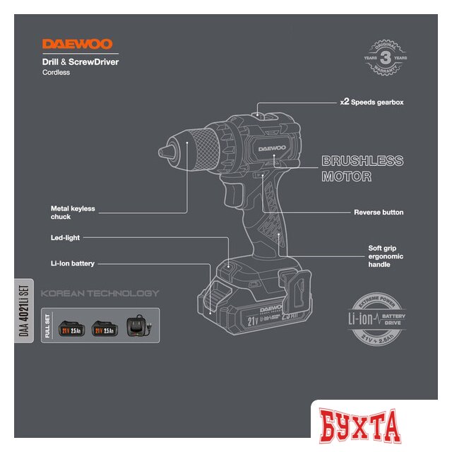 Дрель-шуруповерт Daewoo Power DAA 4021Li Set (с 2-мя АКБ, кейс) 3