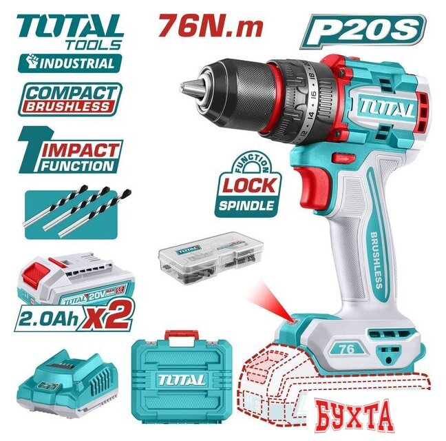 Ударная дрель-шуруповерт Total TIDLI20768 (с 2-мя АКБ, кейс)
