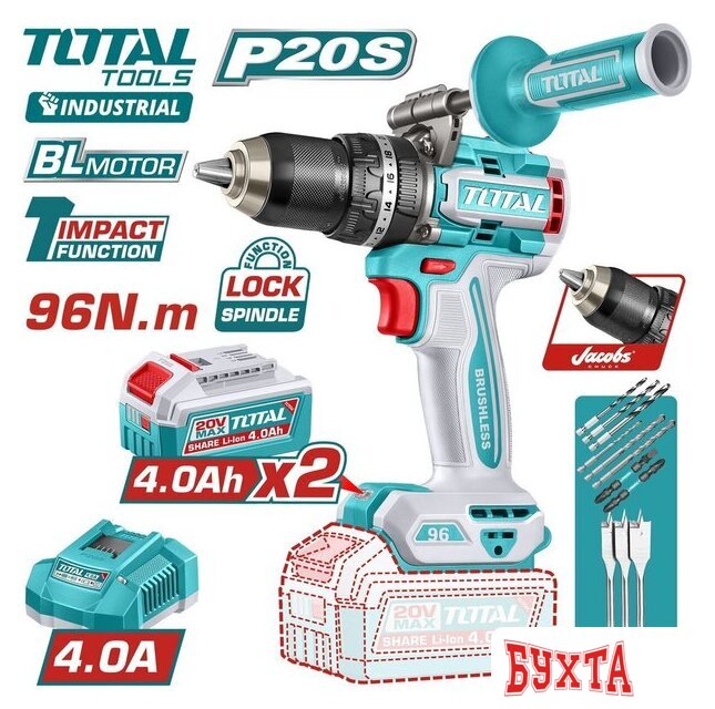 Ударная дрель-шуруповерт Total TIDLI209686 (с 2-мя АКБ, кейс)