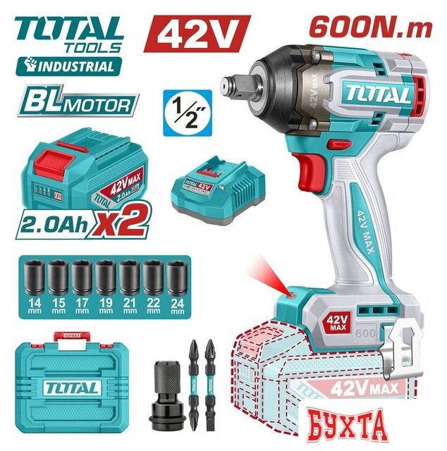 Гайковерт Total TIWLI42602 (с 2-мя АКБ, кейс)