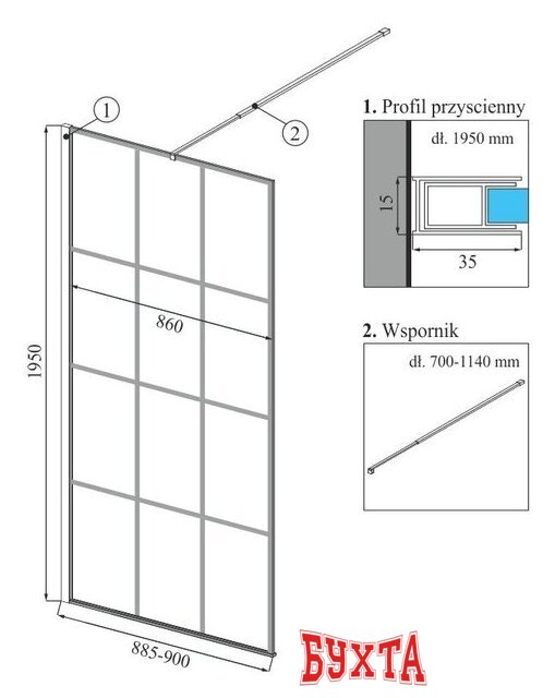 Душевая стенка Calani Soleo Walk In 90x195 CAL-K6010 (черный/прозрачное стекло) 5