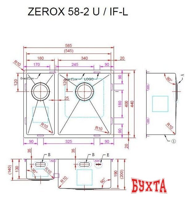Кухонная мойка ZorG Zerox 58-2 U / IF-L PVD Gunblack 4