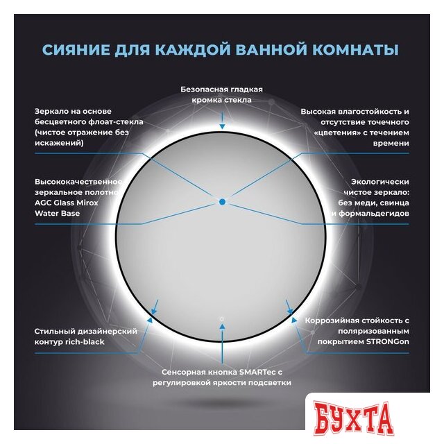 Мебель для ванных комнат Wellsee Зеркало с фоновой LED-подсветкой 7 Rays' Spectrum 172201780, 95 x 95 см (с сенсором и регулировкой яркости освещения) 3