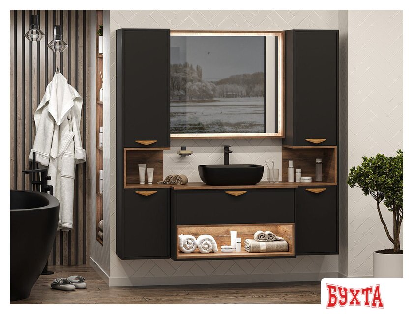 Мебель для ванных комнат Briz Шкаф-пенал Bergen 35 BER-05035-02-19-ПоП (правый, черный/темное дерево) 5