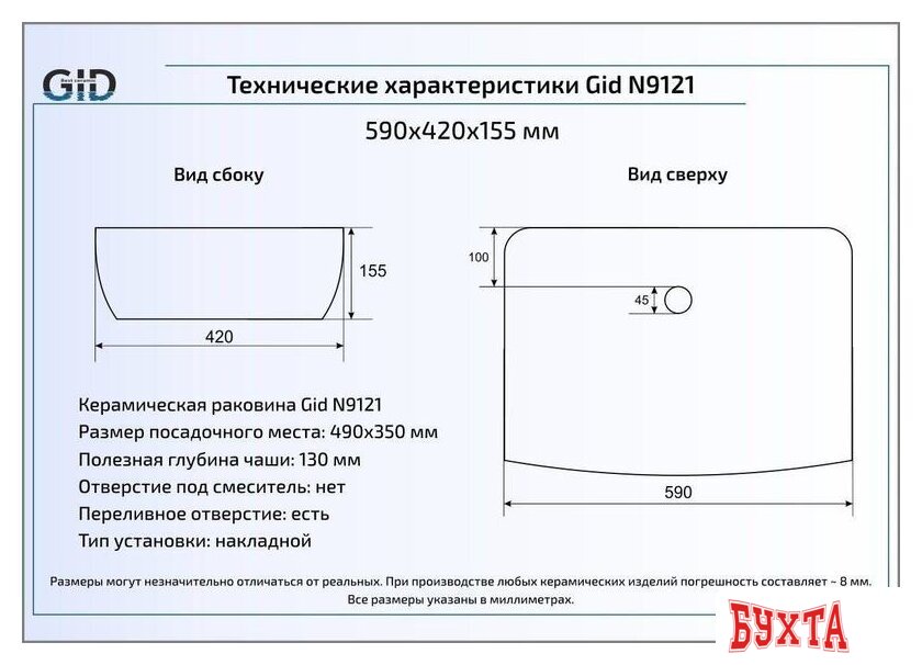 Умывальник Gid N9121 (белый) 2