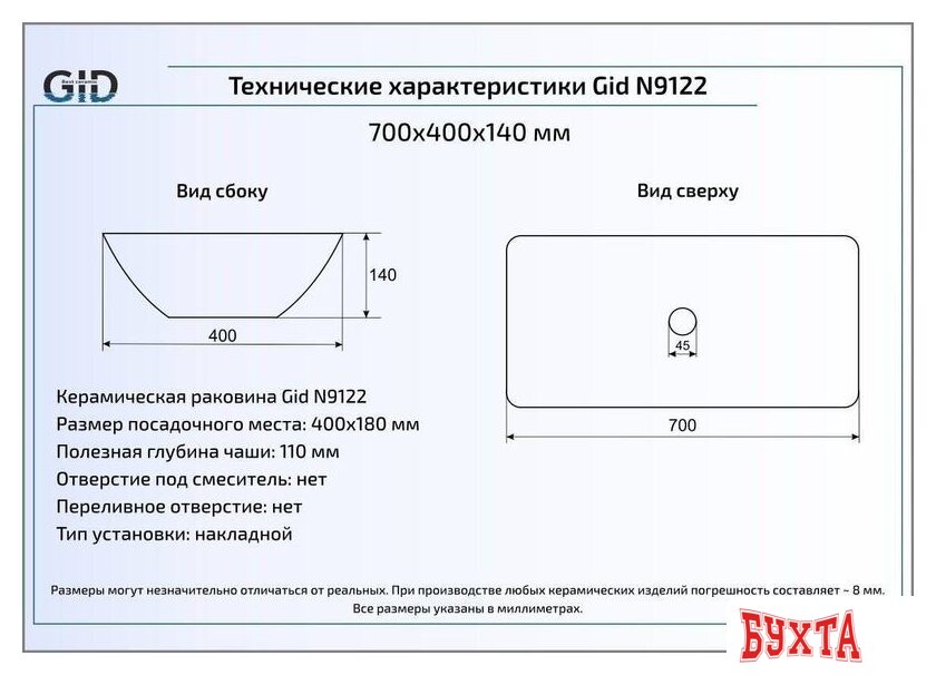Умывальник Gid N9122 (белый) 2
