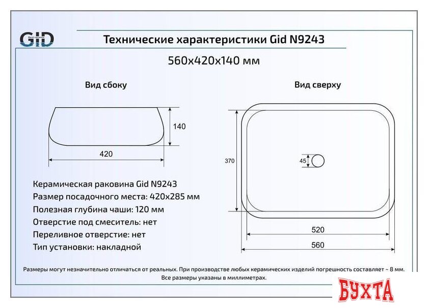 Умывальник Gid N9243 (белый) 2
