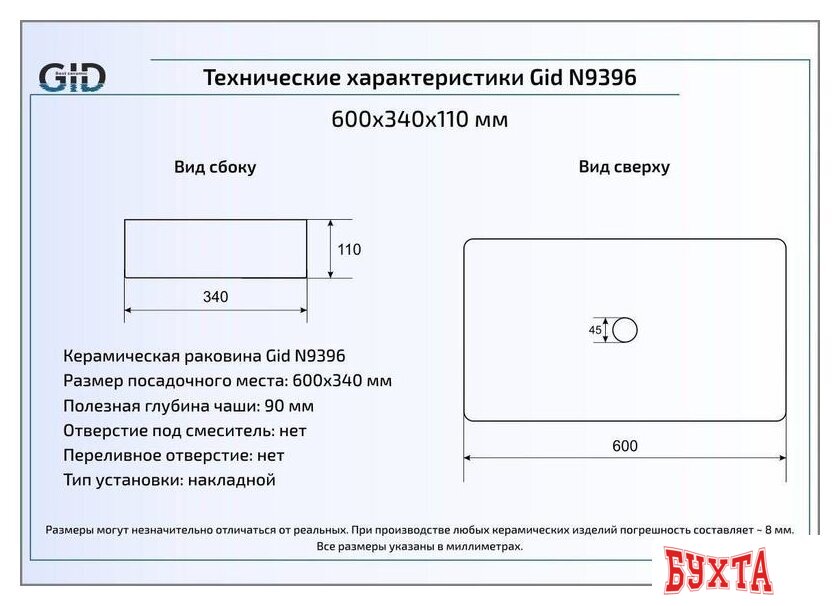 Умывальник Gid N9396 (белый) 2