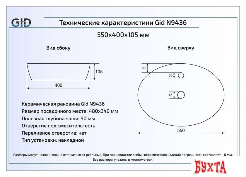 Умывальник Gid N9436 (белый) 2