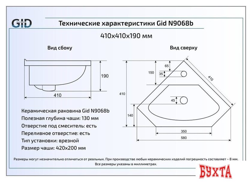 Умывальник Gid N9068B (белый) 2