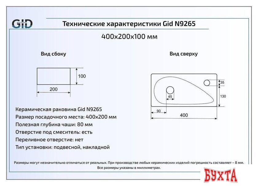 Умывальник Gid N9265 (белый) 2