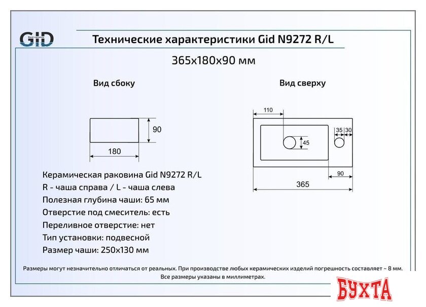 Умывальник Gid N9272L (белый) 2