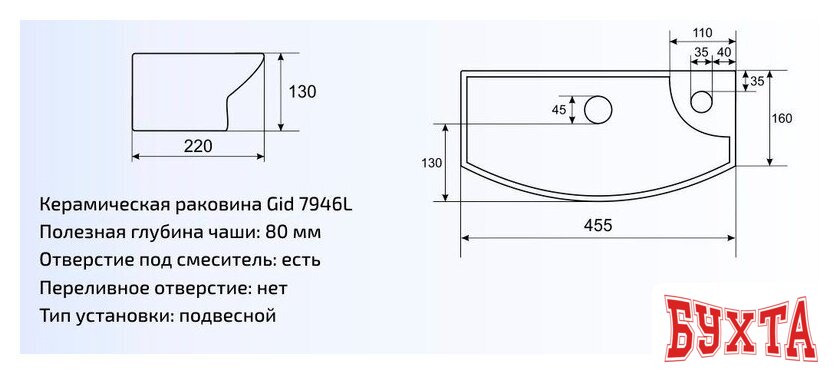 Умывальник Gid 7946L (белый) 4