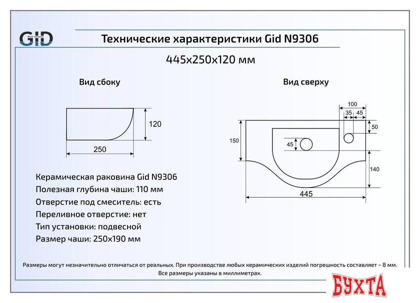 Умывальник Gid N9306 (белый) 2