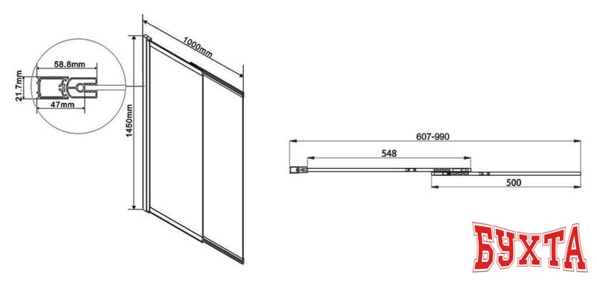 Стеклянная шторка для ванны Vincea VSB-1E100CLB (черный матовый/прозрачное) 2