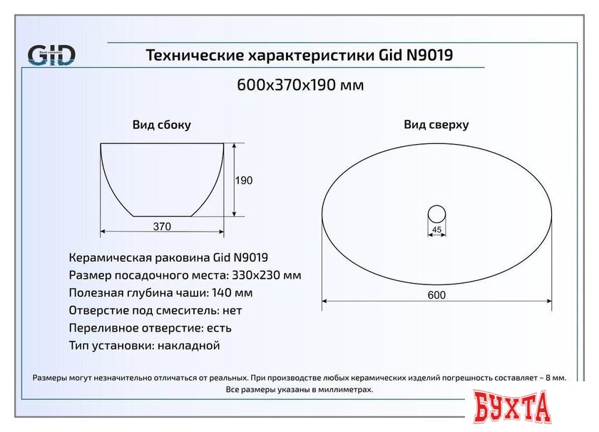 Умывальник Gid N9019 (белый) 2