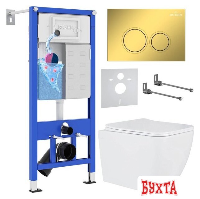 Унитаз подвесной Roxen Cube в комплекте с инсталляцией StounFix Dual Fresh 6 в 1 968014 (кнопка: золото глянцевое )