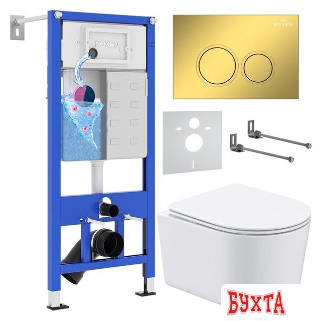 Унитаз подвесной Roxen Simple compact в комплекте с инсталляцией StounFix Dual Fresh 6 в 1 968026 (кнопка: золото глянцевое ) 1