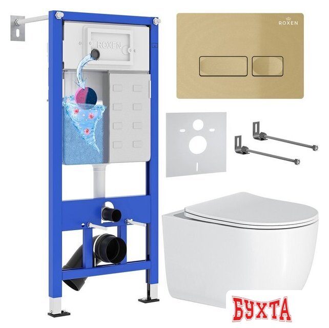 Унитаз подвесной Roxen Vortex в комплекте с инсталляцией StounFix Dual Fresh 6 в 1 968090 (кнопка: брашированное золото)