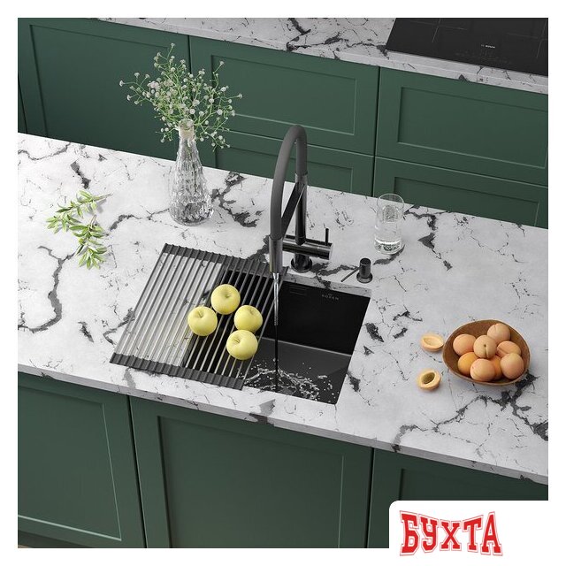 Кухонная мойка Roxen Uno 560210-44B (440*440) PVD графит под столешницу (с ролл-матом и дозатором) 1