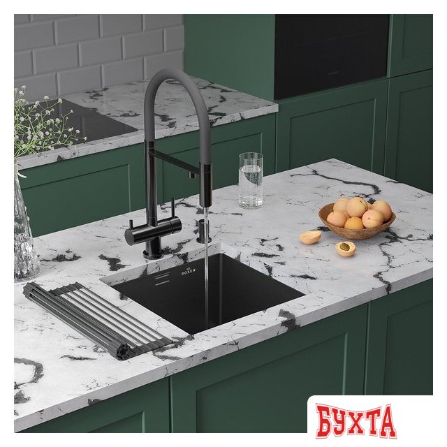 Кухонная мойка Roxen Uno 560210-44B (440*440) PVD графит под столешницу (с ролл-матом и дозатором) 2