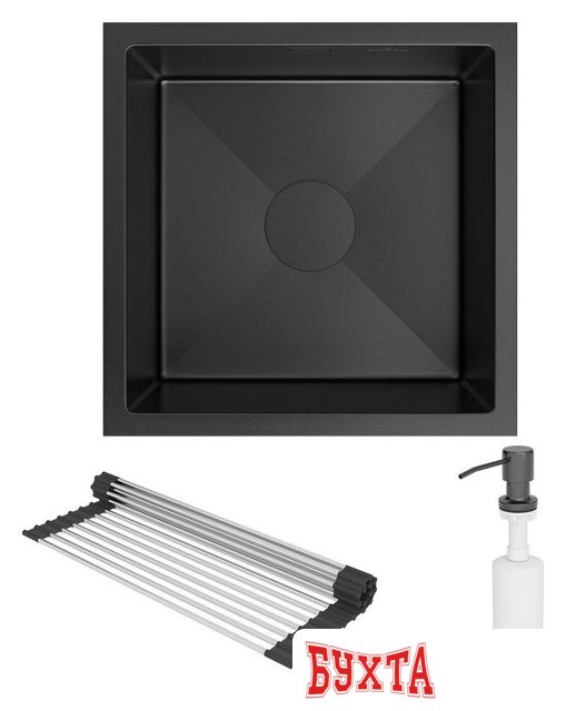 Кухонная мойка Roxen Uno 560210-44B (440*440) PVD графит под столешницу (с ролл-матом и дозатором) 4