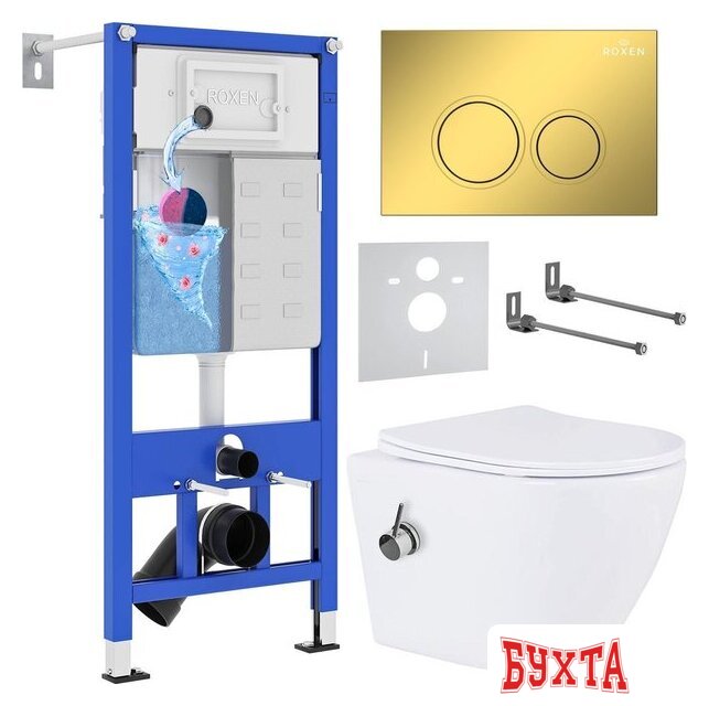 Унитаз подвесной Roxen Antares bidet в комплекте с инсталляцией StounFix Dual Fresh 6 в 1 968097 (кнопка: золото глянцевое )