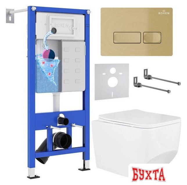 Унитаз подвесной Roxen Boro в комплекте с инсталляцией StounFix Dual Fresh 6 в 1 968081 (кнопка: брашированное золото) 1