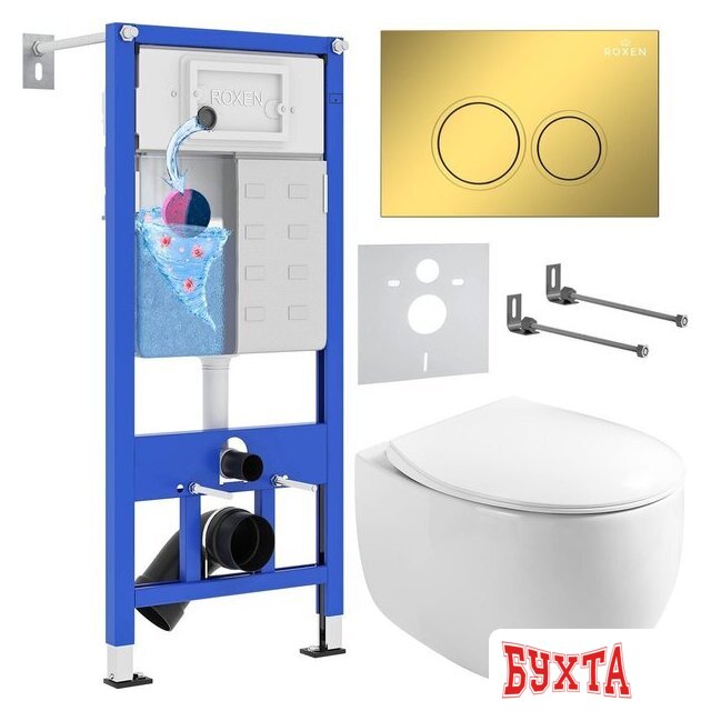 Унитаз подвесной Roxen Egg в комплекте с инсталляцией StounFix Dual Fresh 6 в 1 968031 (кнопка: золото глянцевое )