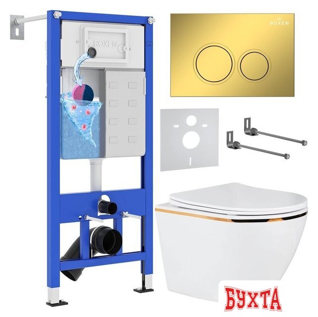 Унитаз подвесной Roxen Antares Gold в комплекте с инсталляцией StounFix Dual Fresh 6 в 1 968092 (кнопка: золото глянцевое )