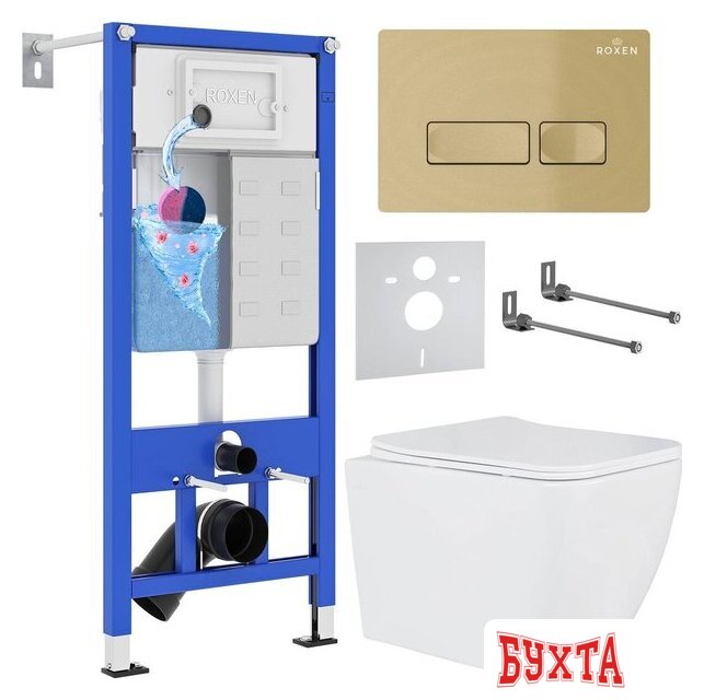 Унитаз подвесной Roxen Сube в комплекте с инсталляцией StounFix Dual Fresh 6 в 1 968065 (кнопка: брашированное золото)