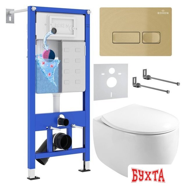 Унитаз подвесной Roxen Egg в комплекте с инсталляцией StounFix Dual Fresh 6 в 1 968085 (кнопка: брашированное золото)