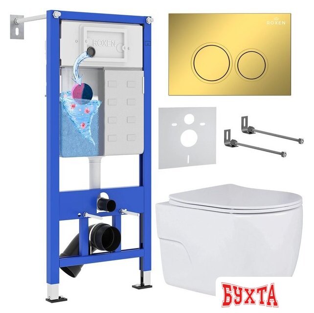 Унитаз подвесной Roxen Porto в комплекте с инсталляцией StounFix Dual Fresh 6 в 1 968015 (кнопка: золото глянцевое )