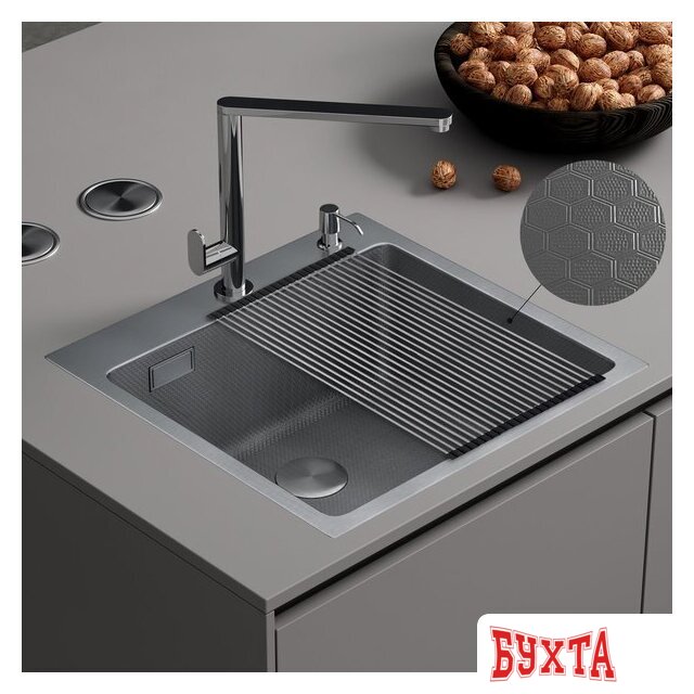 Кухонная мойка Roxen Snake 560220-45-S сатин/текстурная поверхность (с ролл-матом и дозатором) 2