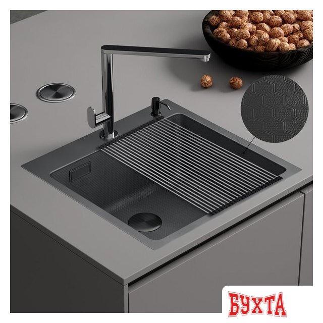 Кухонная мойка Roxen Snake 560220-45-BS PVD графит/текстурная поверхность (с ролл-матом и дозатором) 2