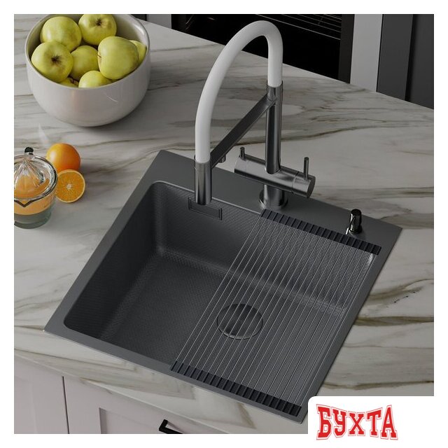 Кухонная мойка Roxen Snake 560220-45-BS PVD графит/текстурная поверхность (с ролл-матом и дозатором) 3
