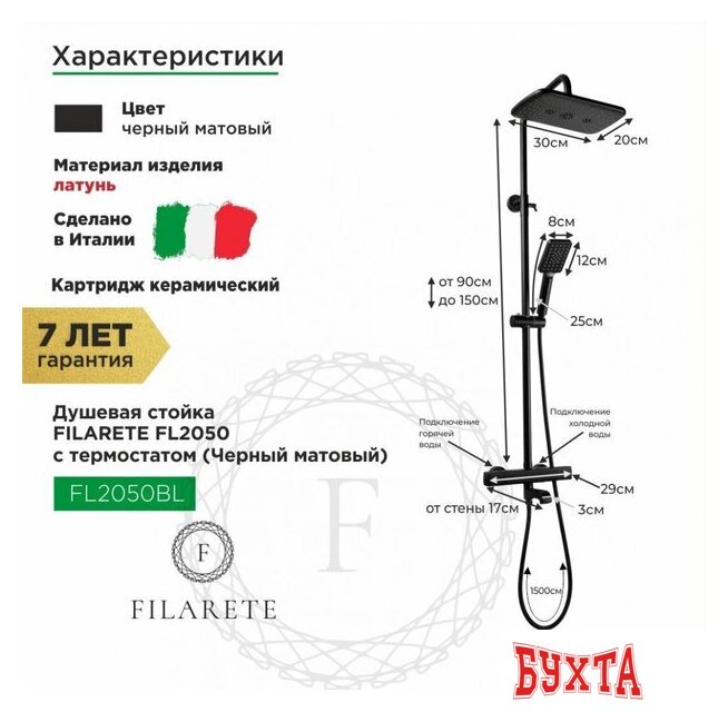 Душевая система Filarete FL2050 с термостатом (черный матовый) 2