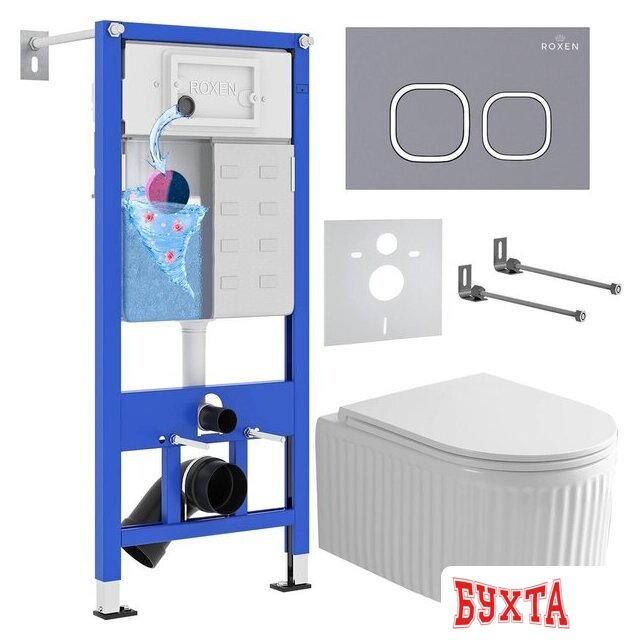 Унитаз подвесной Roxen Royal Matt в комплекте с инсталляцией StounFix Dual Fresh 6 в 1 968280 (кнопка: серый бетон)