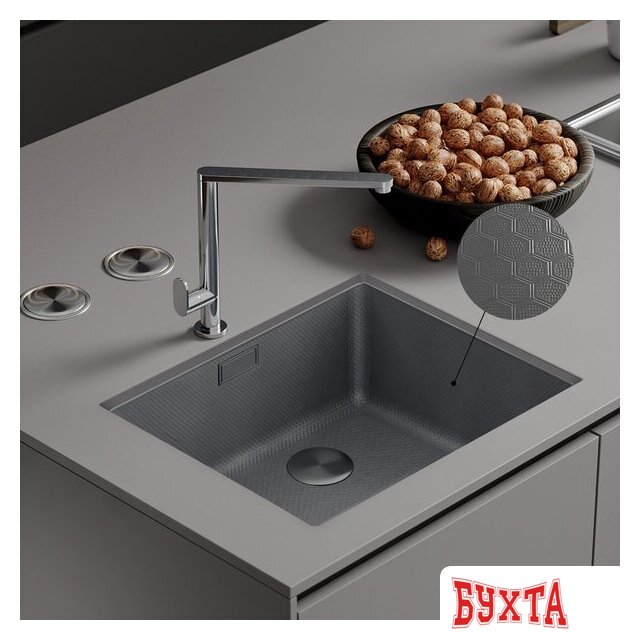 Кухонная мойка Roxen Uno 560210-54S под столешницу сатин/текстурная поверхность (ролл-мат, дозатор, сифон) 2