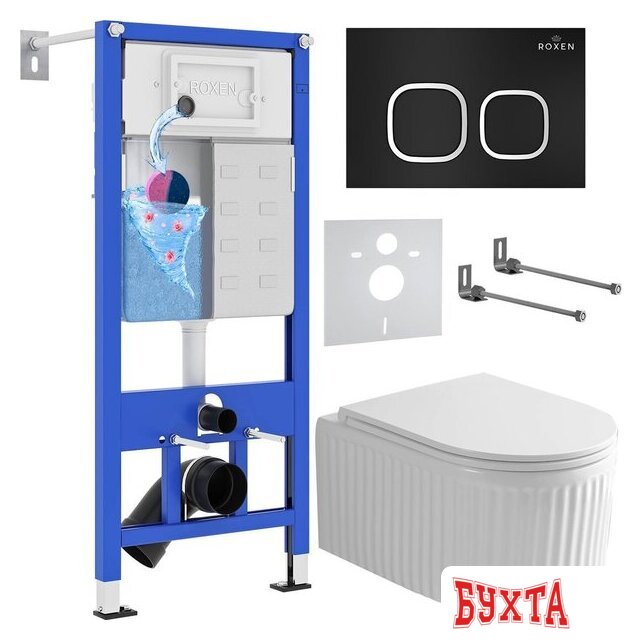 Унитаз подвесной Roxen Royal Matt в комплекте с инсталляцией StounFix Dual Fresh 6 в 1 968267 (кнопка: черный)