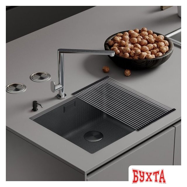 Кухонная мойка Roxen Uno 560210-54BS под столешницу графит/текстурная поверхность (ролл-мат, дозатор, сифон)