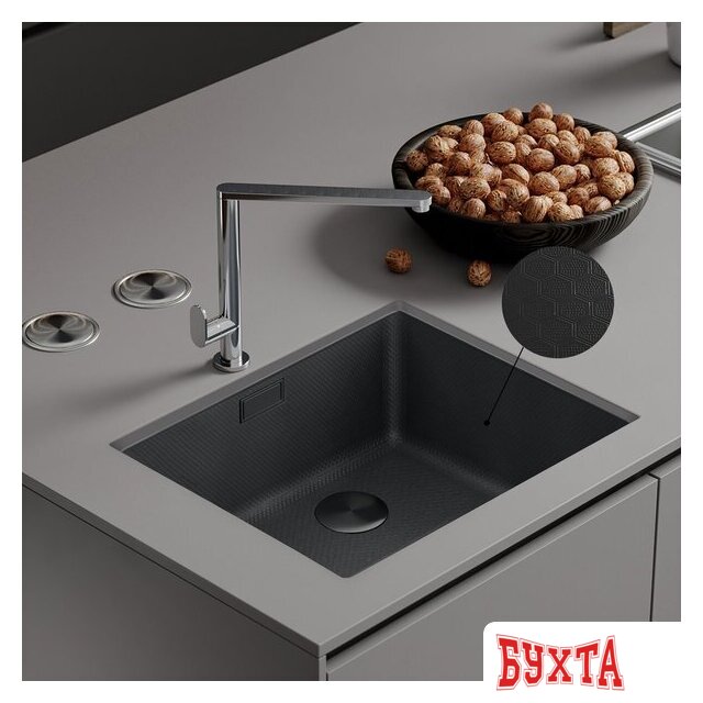 Кухонная мойка Roxen Uno 560210-54BS под столешницу графит/текстурная поверхность (ролл-мат, дозатор, сифон) 2
