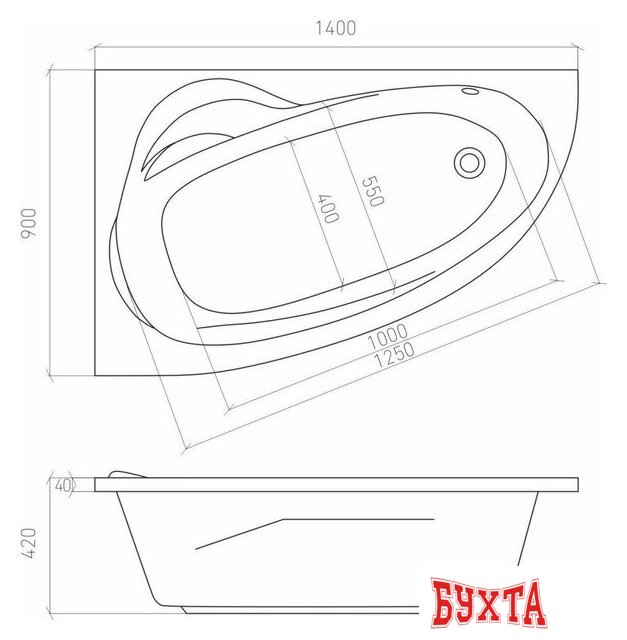 Ванна Bonito Home Emilia 140x90 L BH-EM-103-140L/St+BH-EM-140L/P (с ножками и экраном) 3