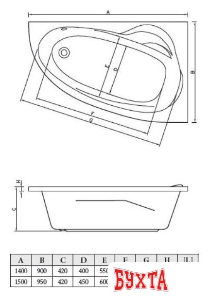 Ванна Bonito Home Emilia 140x90 L BH-EM-103-140L/St+BH-EM-140L/P (с ножками и экраном) 4
