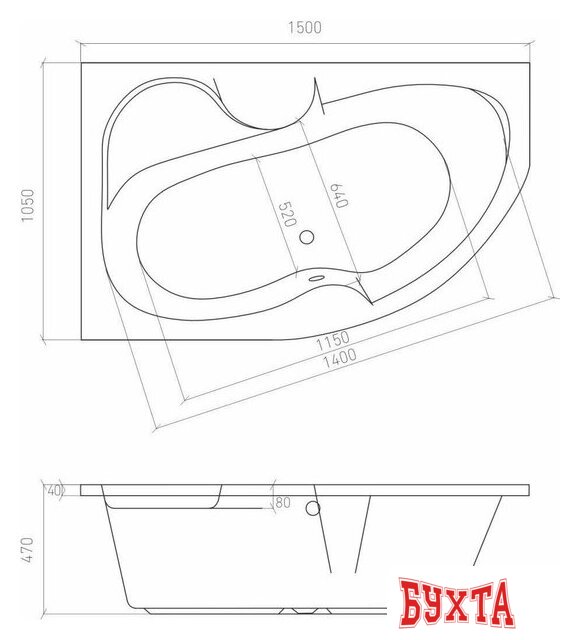 Ванна Bonito Home Arizona 150x105 R BH-AR-102-150P/Su+BH-AR-150P (с ножками) 3