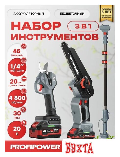 Наборы электроинструментов Profipower ProfiSet-3G20 (цепная пила, секатор, 2 АКБ)